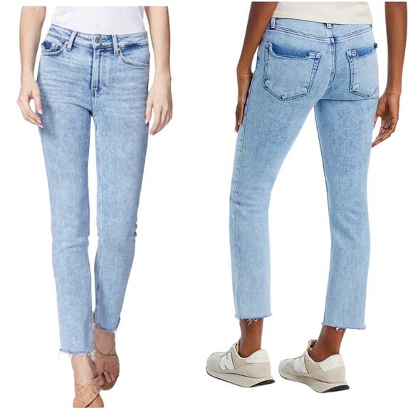 Paige Hoxton Slim Crop Jeans Size 26 Raw Hem Light Blue Wash 5 Pocket Mid-Rise - Picture 1 of 9